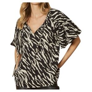 Entro Oversized Zebra Print Black & Cream Women's Top Puff Sleeves - Size Large